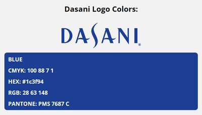 dasani brand colors in HEX, RGB, CMYK, and Pantone