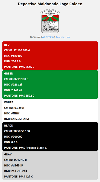deportivo maldonado team color codes in HEX, RGB, CMYK, and Pantone