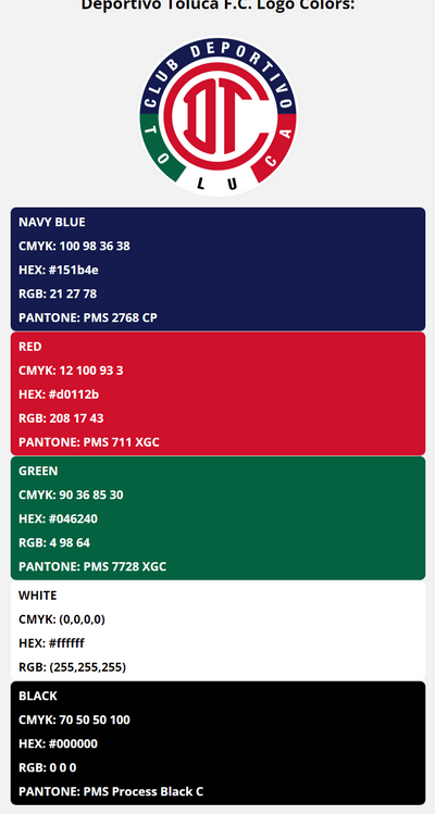 deportivo toluca f c team color codes in HEX, RGB, CMYK, and Pantone
