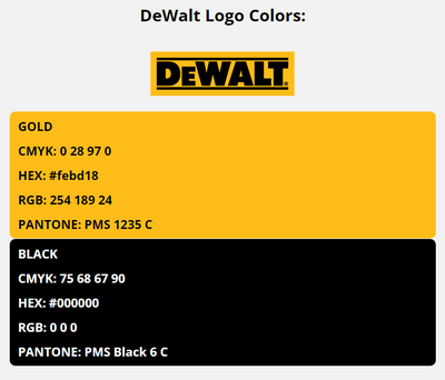 dewalt brand colors in HEX, RGB, CMYK, and Pantone