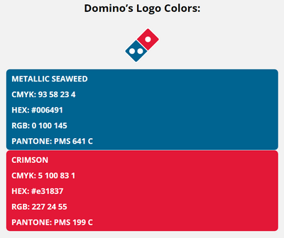 dominos pizza brand colors in HEX, RGB, CMYK, and Pantone