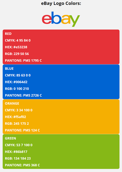 ebay brand colors in HEX, RGB, CMYK, and Pantone
