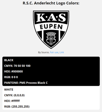 eupen team color codes in HEX, RGB, CMYK, and Pantone