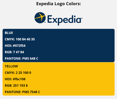 expedia com brand colors in HEX, RGB, CMYK, and Pantone