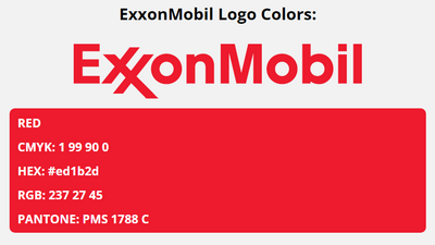 exxonmobil brand colors in HEX, RGB, CMYK, and Pantone