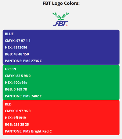 fbt brand colors in HEX, RGB, CMYK, and Pantone