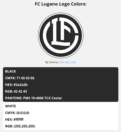 fc lugano team colors codes in HEX, RGB, CMYK, and Pantone