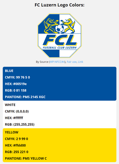 fc luzern team colors codes in HEX, RGB, CMYK, and Pantone