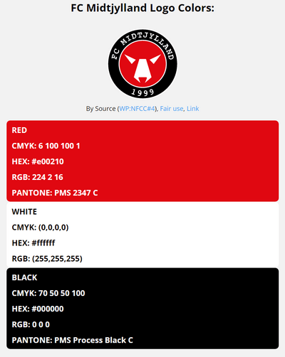 fc midtjylland team color codes in HEX, RGB, CMYK, and Pantone