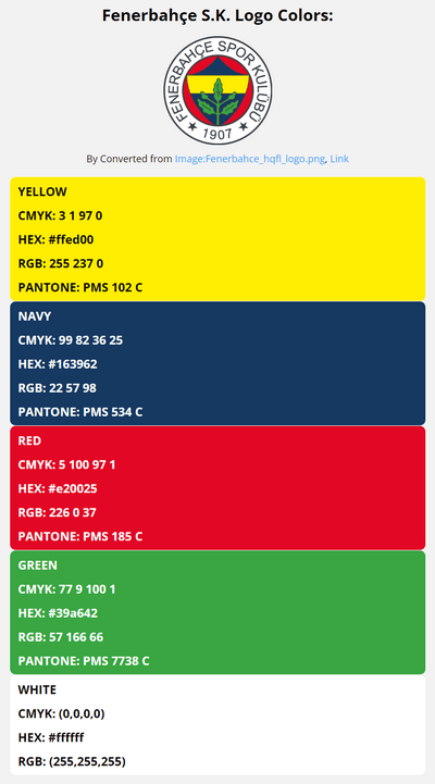 fenerbahce team color codes in HEX, RGB, CMYK, and Pantone