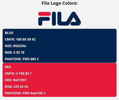 fila brand colors in HEX, RGB, CMYK, and Pantone