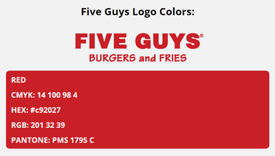 five guys brand colors in HEX, RGB, CMYK, and Pantone