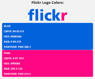 flickr brand colors in HEX, RGB, CMYK, and Pantone