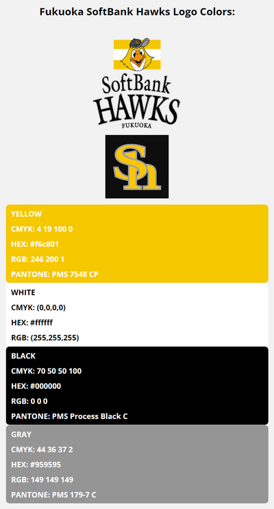 fukuoka softbank hawks team color codes in HEX, RGB, CMYK, and Pantone