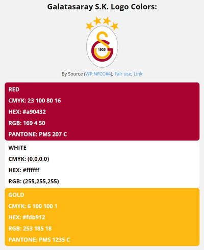 galatasaray team color codes in HEX, RGB, CMYK, and Pantone