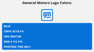 general motors brand colors in HEX, RGB, CMYK, and Pantone