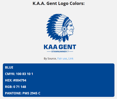 gent team color codes in HEX, RGB, CMYK, and Pantone