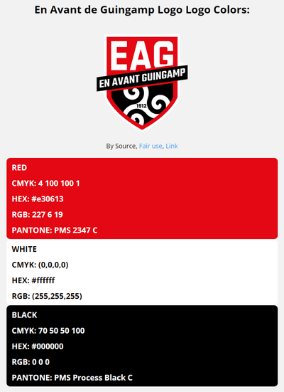 guingamp team color codes in HEX, RGB, CMYK, and Pantone