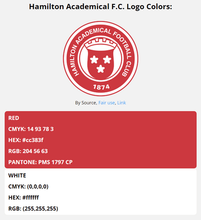 hamilton academical team color codes in HEX, RGB, CMYK, and Pantone