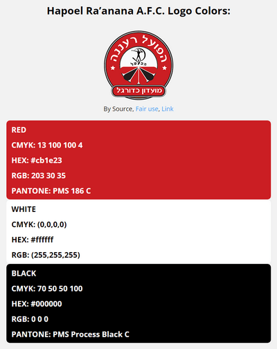 hapoel raanana team color codes in HEX, RGB, CMYK, and Pantone