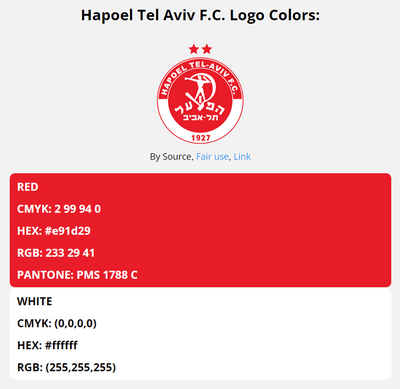 hapoel tel aviv team color codes in HEX, RGB, CMYK, and Pantone