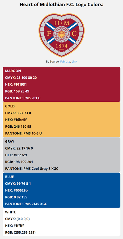 heart of midlothian team color codes in HEX, RGB, CMYK, and Pantone
