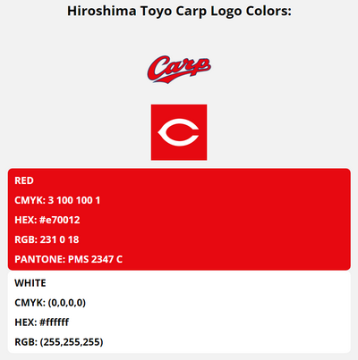 hiroshima toyo carp team color codes in HEX, RGB, CMYK, and Pantone