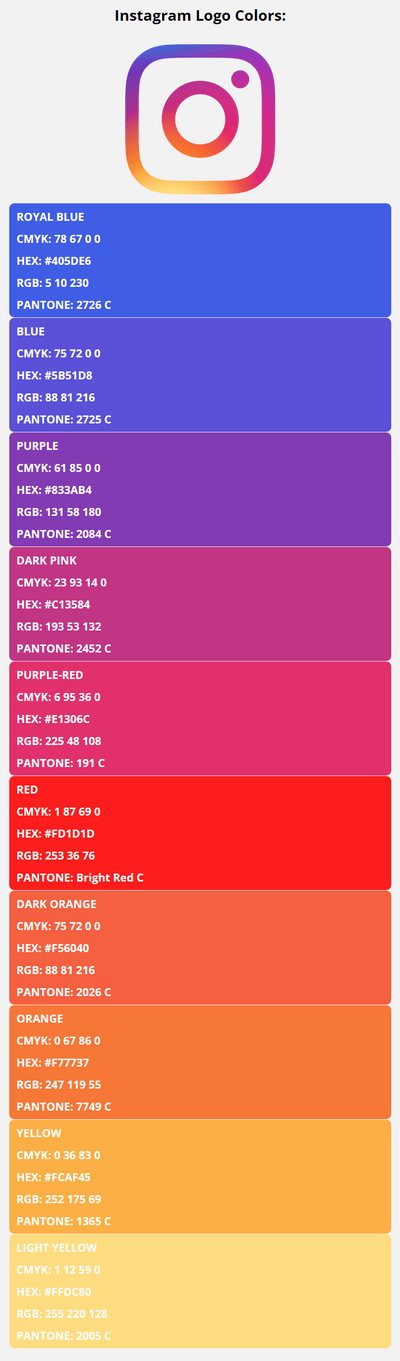 instagram brand colors in HEX, RGB, CMYK, and Pantone