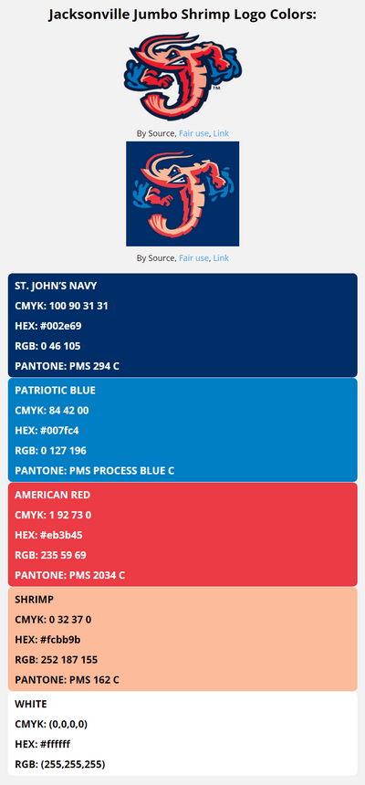 jacksonville jumbo shrimp team color codes in HEX, RGB, CMYK, and Pantone