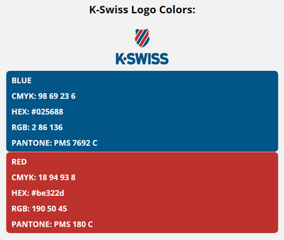 k swiss brand colors in HEX, RGB, CMYK, and Pantone