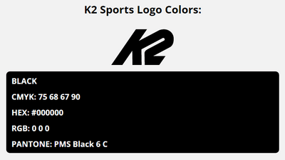 k2 sports brand colors in HEX, RGB, CMYK, and Pantone