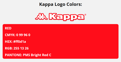 kappa brand colors in HEX, RGB, CMYK, and Pantone
