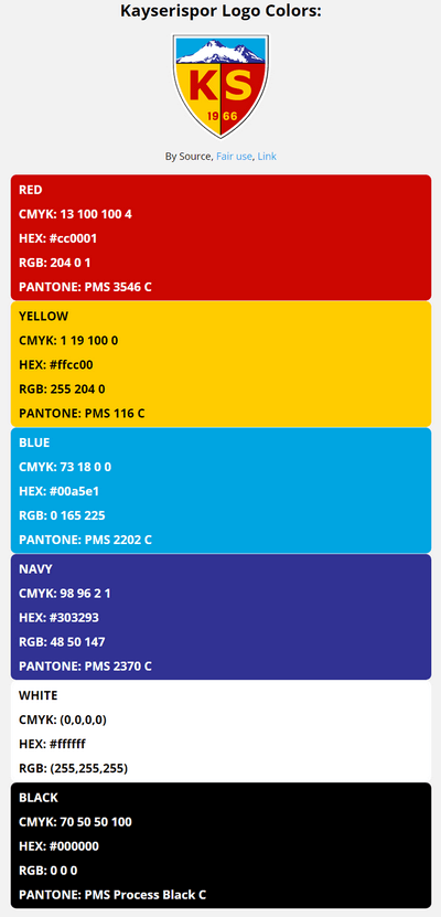 kayserispor team color codes in HEX, RGB, CMYK, and Pantone