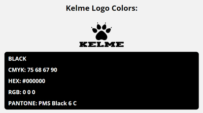 kelme brand colors in HEX, RGB, CMYK, and Pantone