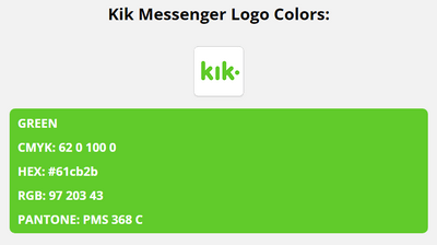 kik brand colors in HEX, RGB, CMYK, and Pantone