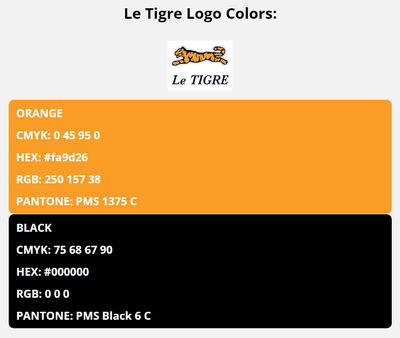 le tigre brand colors in HEX, RGB, CMYK, and Pantone