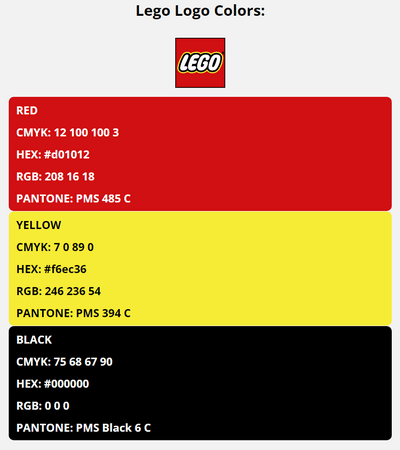 lego brand colors in HEX, RGB, CMYK, and Pantone