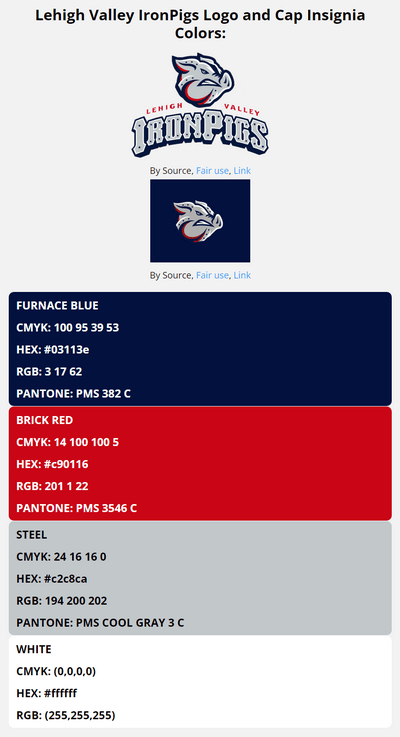 lehigh valley ironpigs color codes in HEX, RGB, CMYK, and Pantone