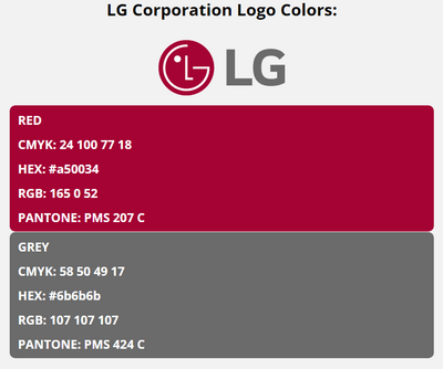 lg brand colors in HEX, RGB, CMYK, and Pantone