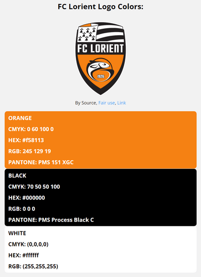 lorient team color codes in HEX, RGB, CMYK, and Pantone
