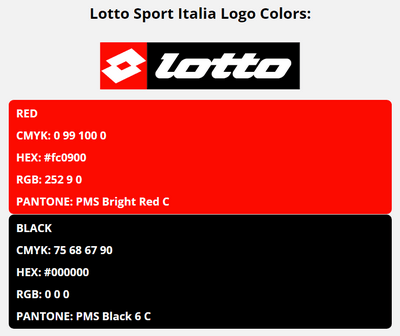 lotto brand colors in HEX, RGB, CMYK, and Pantone