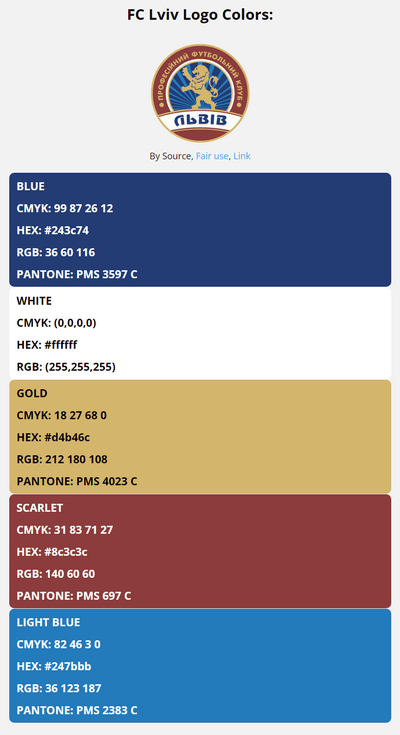 lviv team color codes in HEX, RGB, CMYK, and Pantone