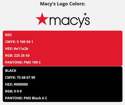 macys brand colors in HEX, RGB, CMYK, and Pantone