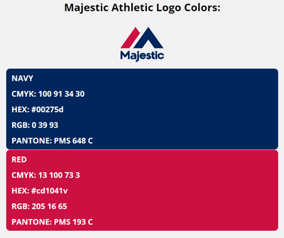 majestic athletic brand colors in HEX, RGB, CMYK, and Pantone