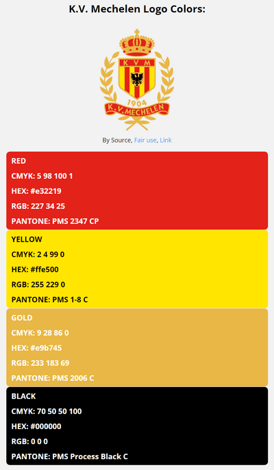 mechelen team color codes in HEX, RGB, CMYK, and Pantone