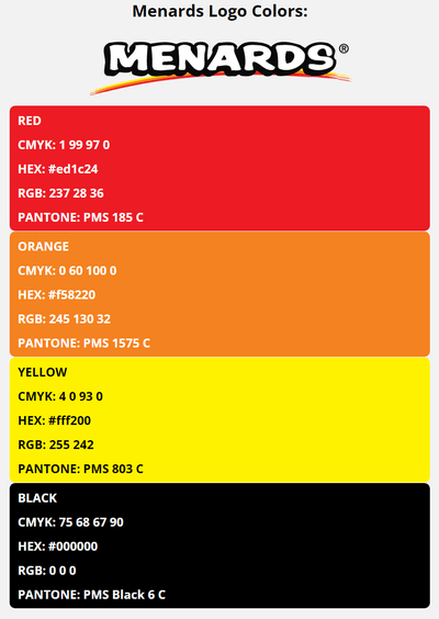 menards brand colors in HEX, RGB, CMYK, and Pantone
