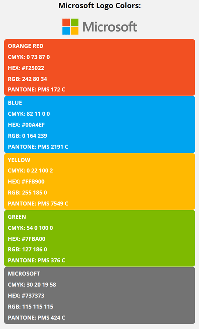 microsoft brand colors in HEX, RGB, CMYK, and Pantone