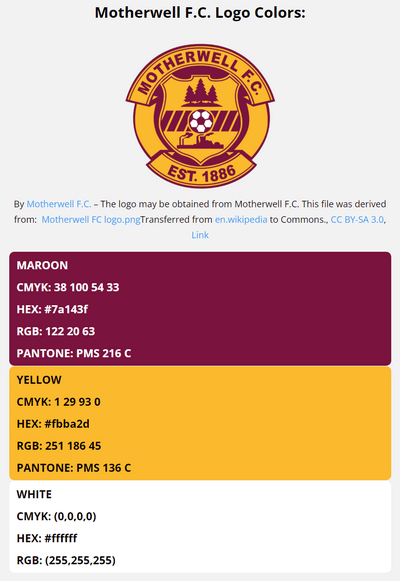 motherwell team color codes in HEX, RGB, CMYK, and Pantone