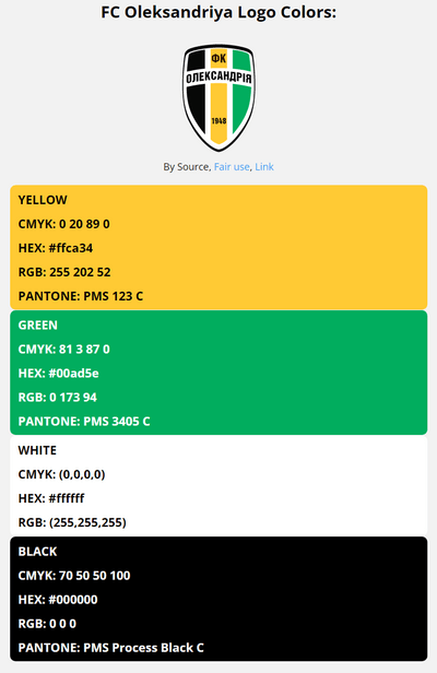 oleksandriya team color codes in HEX, RGB, CMYK, and Pantone