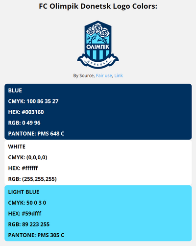 olimpik donetsk team color codes in HEX, RGB, CMYK, and Pantone